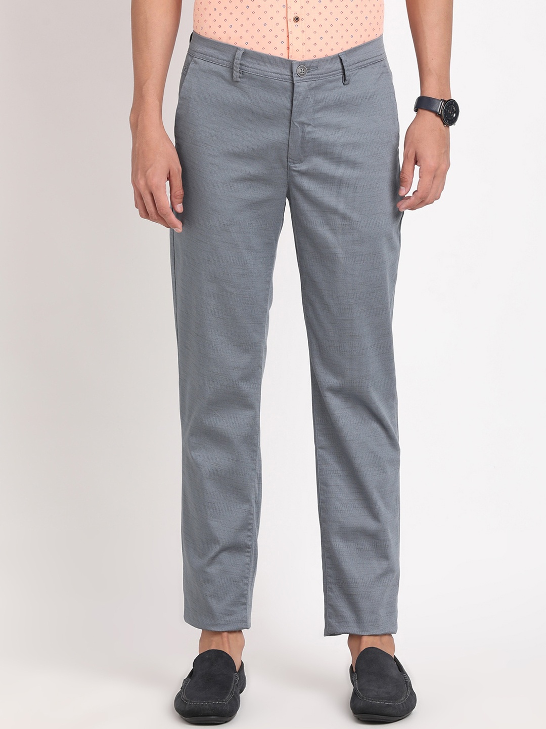 

Turtle Men Textured Smart Skinny Fit Cotton Stretch Mid-Rise Trousers, Grey