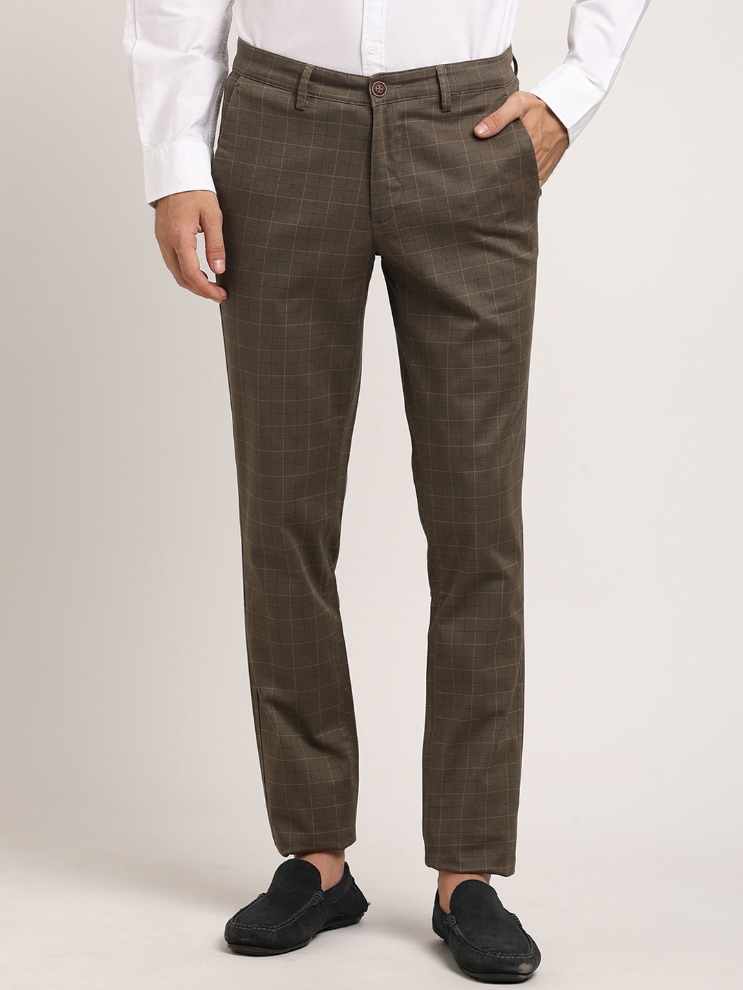 

Turtle Men Checked Smart Tapered Fit Cotton Stretch Mid-Rise Trouser, Brown