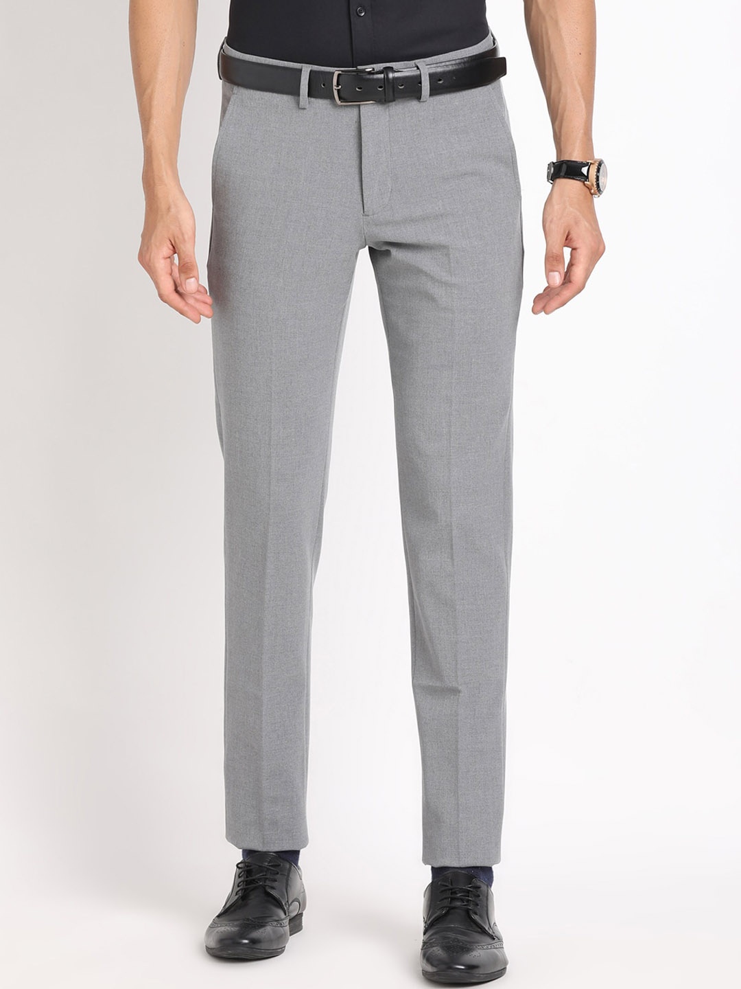 

Turtle Men Tailored Slim Fit Mid-Rise Formal Trousers, Grey