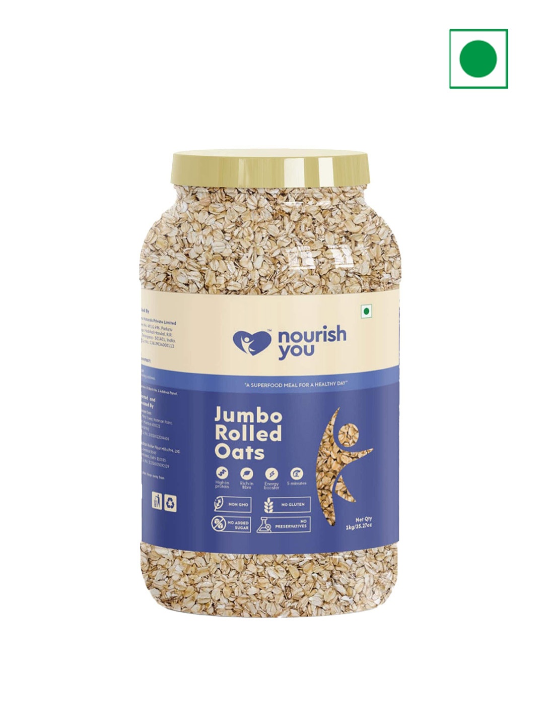 

Nourish You Organic Jumbo Rolled Oats Jar -Breakfast Cereal -1 Kg, Blue