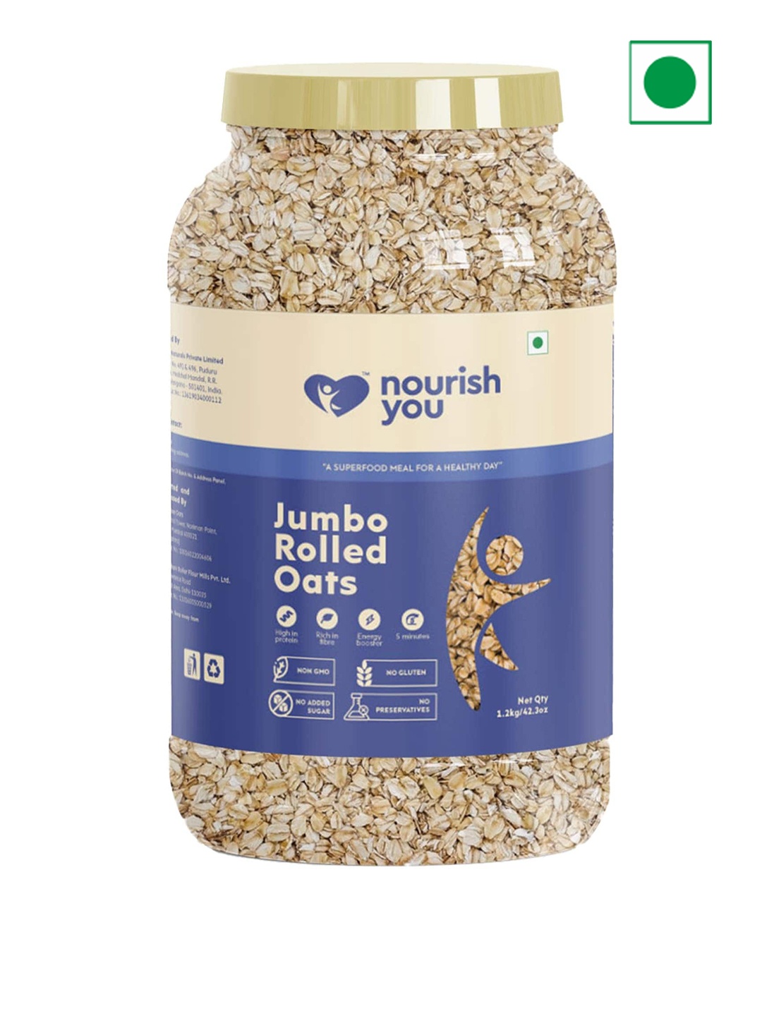 

Nourish You Organic Jumbo Rolled Oats Jar -Breakfast Cereal -1.2 Kg, Blue