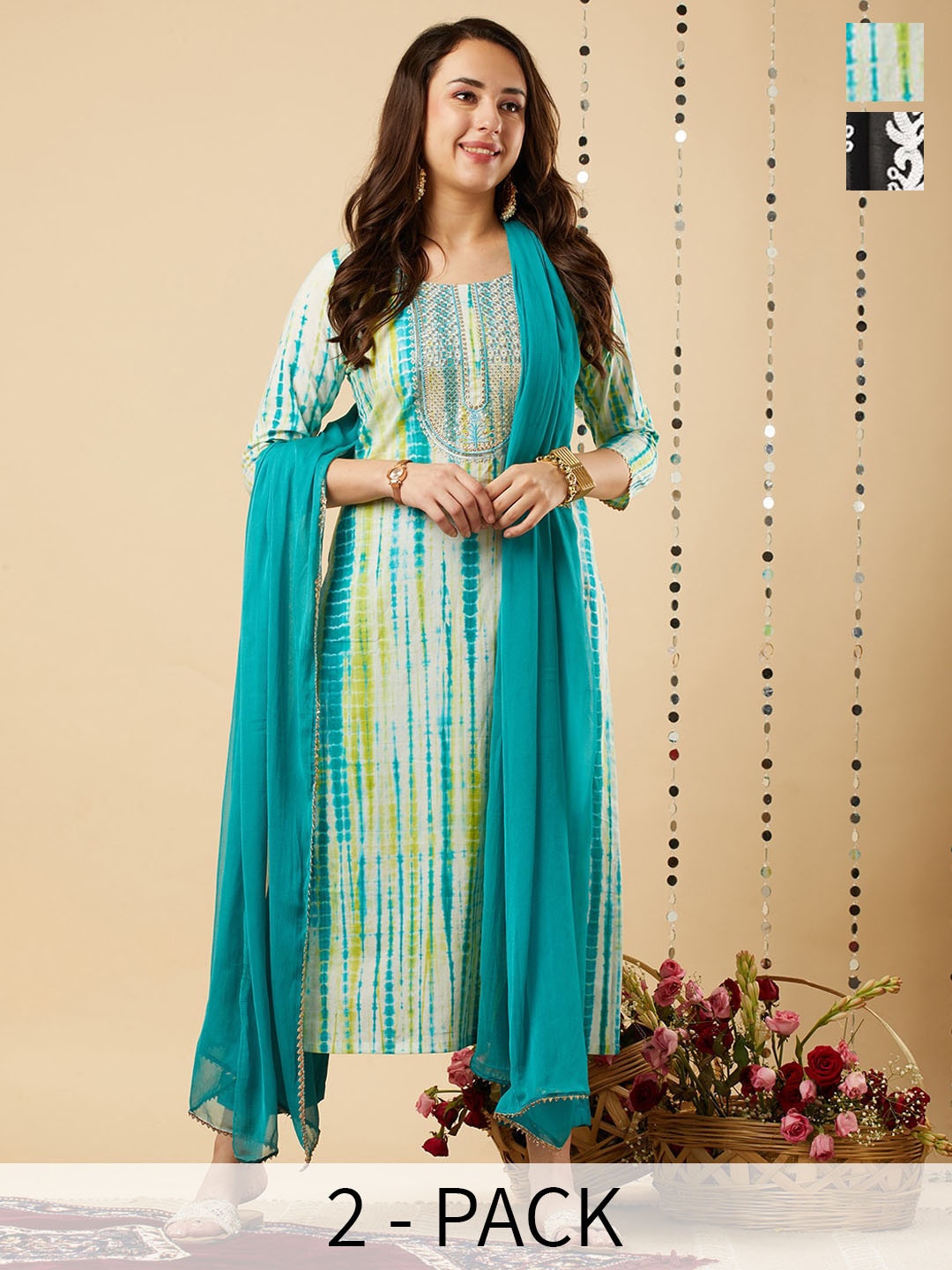 

KALINI Women Printed Regular Kurta with Trousers & With Dupatta, Green