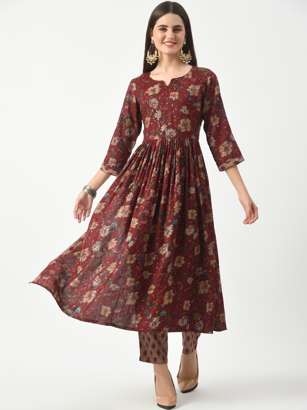 

KALINI Women Floral Printed Empire Kurta with Trousers, Maroon