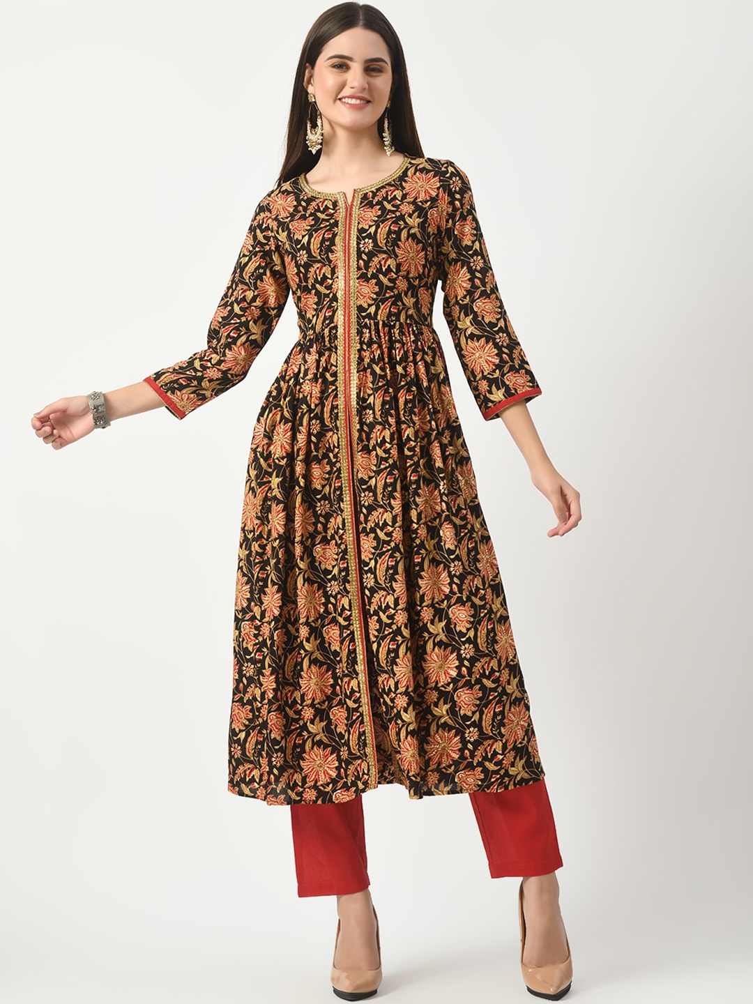 

KALINI Women Floral Printed Empire Kurta with Trousers, Black