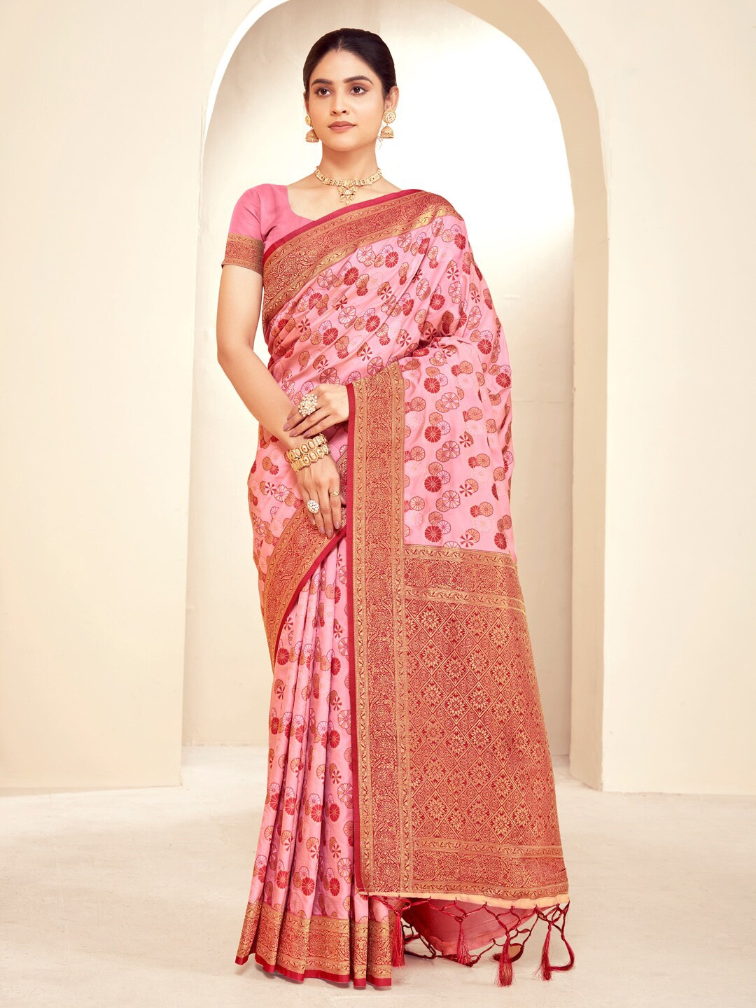 

Mitera Pink Floral Woven Design Zari Banarasi Saree