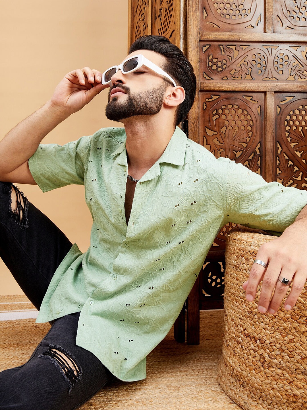 

HERE&NOW Straight Embroidered Cotton Casual Shirt, Sea green