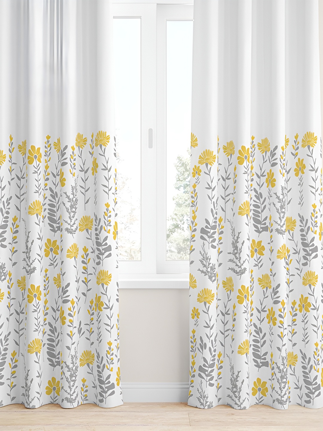 

Tranquebar Home Yellow & White 2 Pieces Printed Room Darkening Cotton Door Curtains