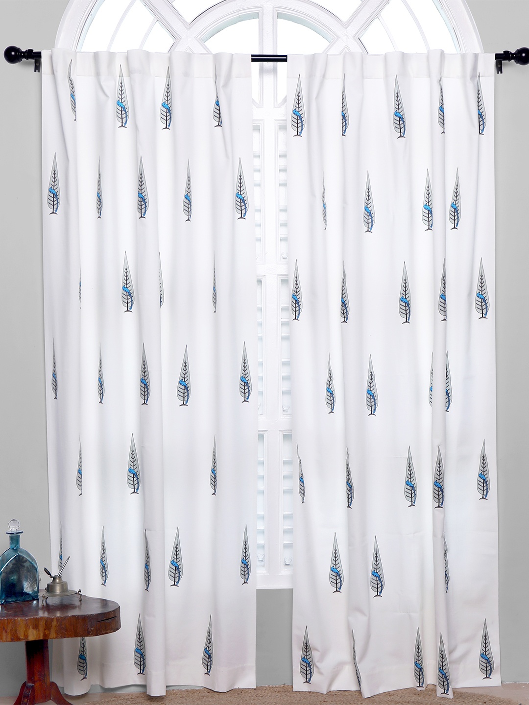 

Tranquebar Home Blue & White 2 Pieces Printed Room Darkening Cotton Window Curtains