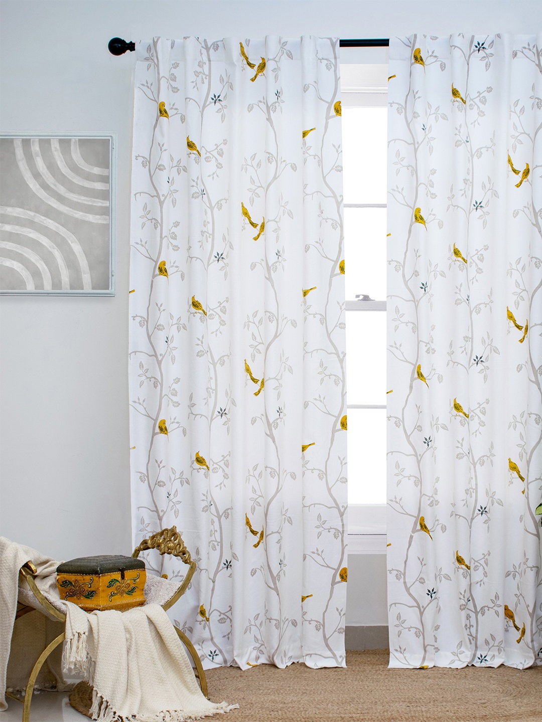 

Tranquebar Home Yellow & White 2 Pieces Printed Room Darkening Cotton Window Curtains