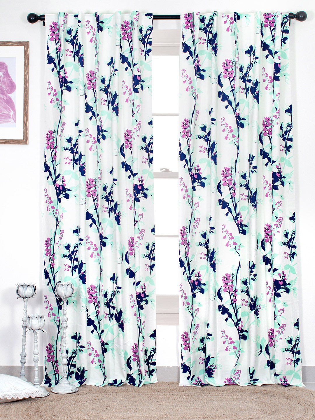 

Tranquebar Home Pink & White 2 Pieces Printed Room Darkening Cotton Door Curtains