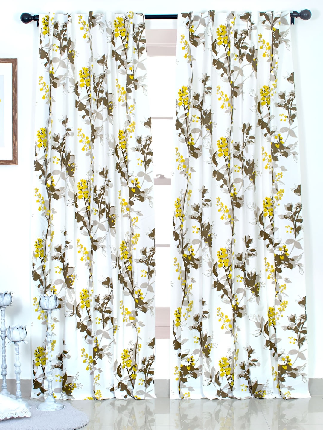 

Tranquebar Home Yellow & White 2 Pieces Floral Printed Room Darkening Cotton Door Curtains