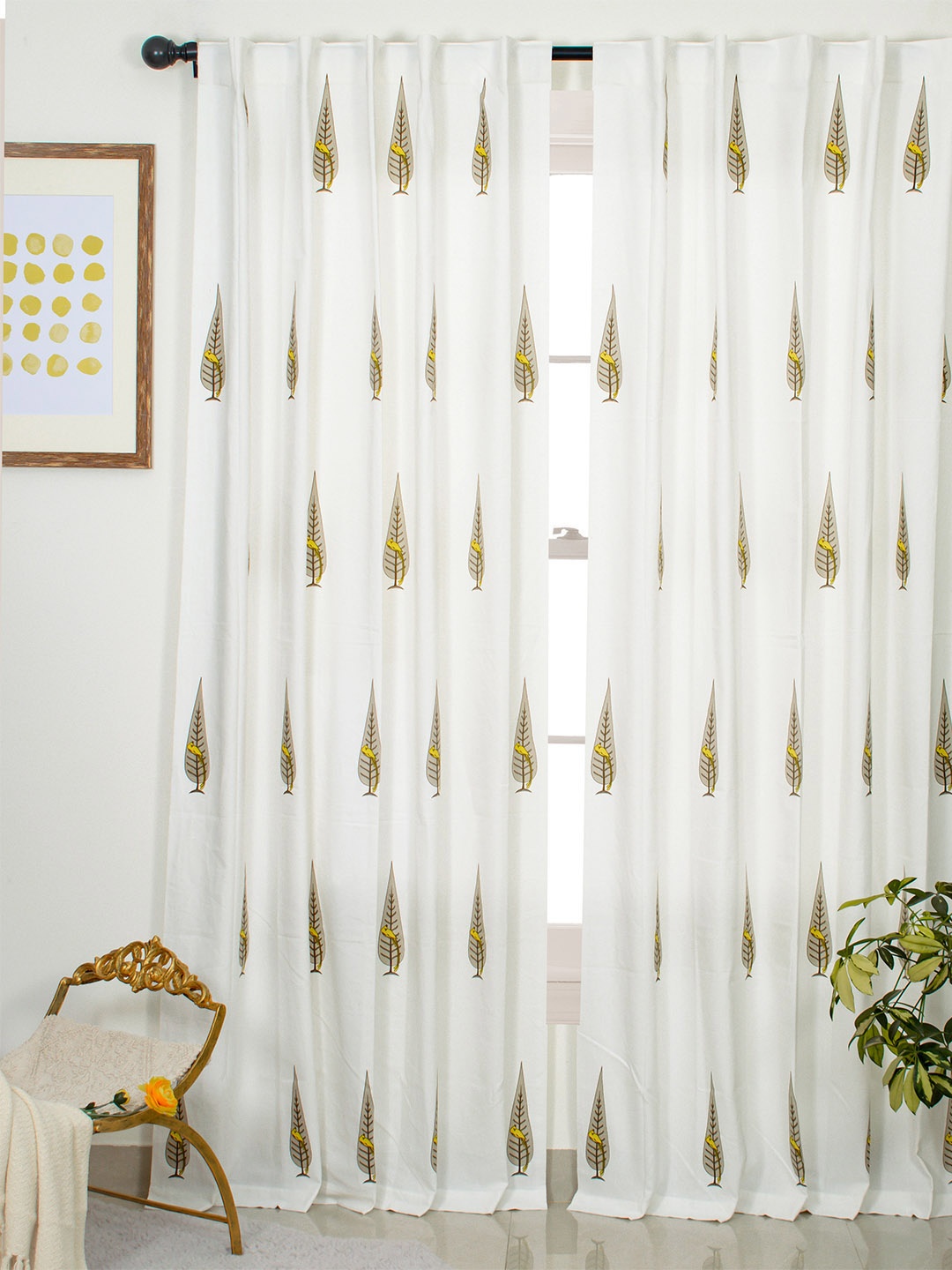 

Tranquebar Home Yellow & White 2 Pieces Printed Room Darkening Cotton Door Curtains