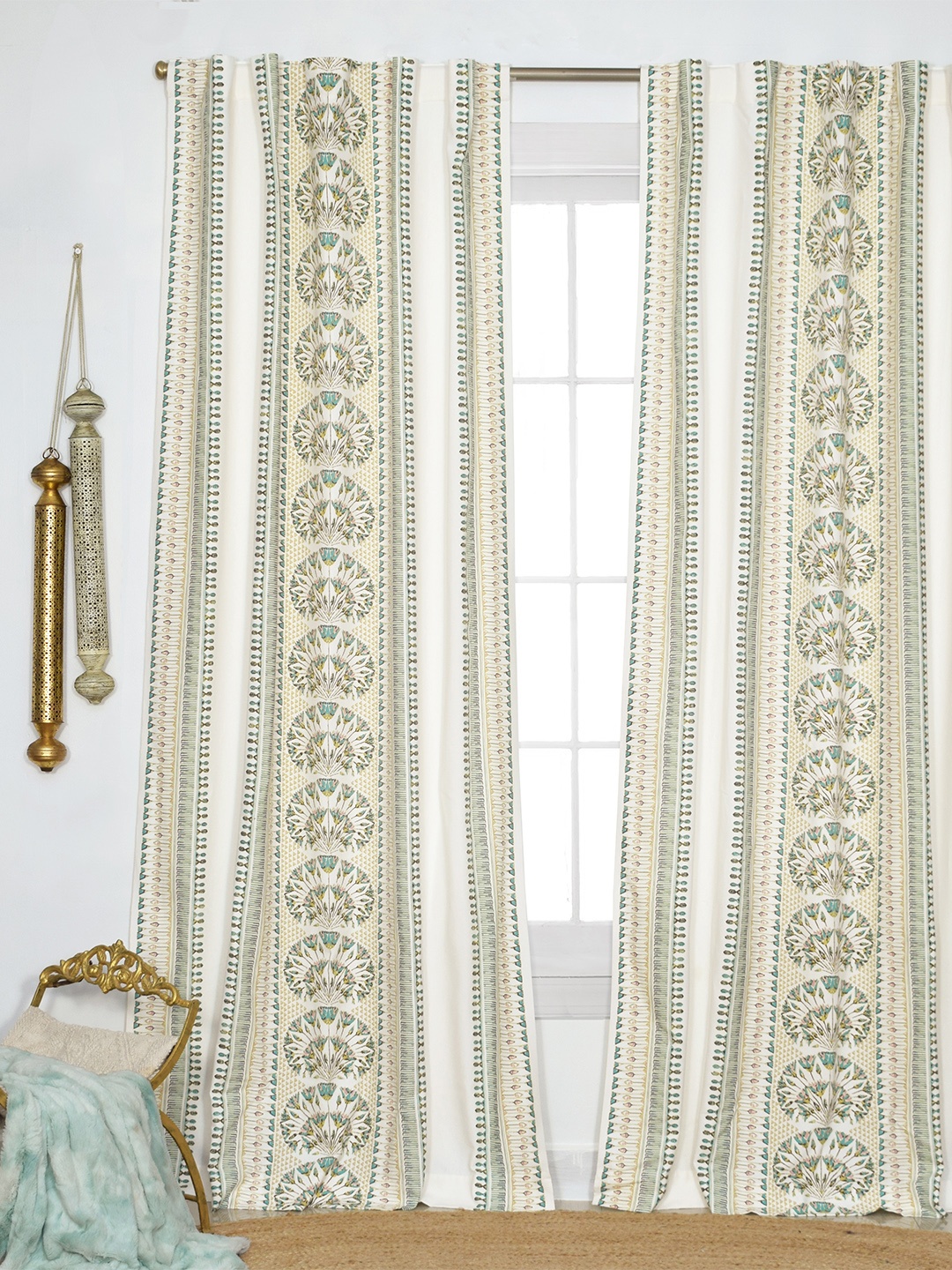 

Tranquebar Home Green & White 2 Pieces Printed Room Darkening Cotton Window Curtains