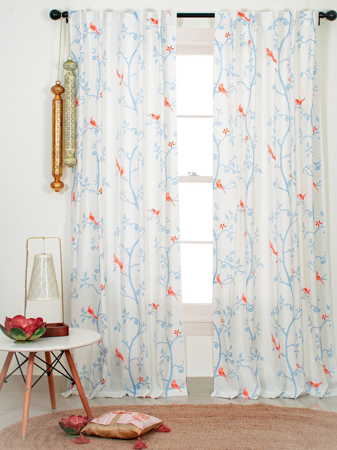 

Tranquebar Home Orange & White 2 Pieces Printed Room Darkening Cotton Window Curtains