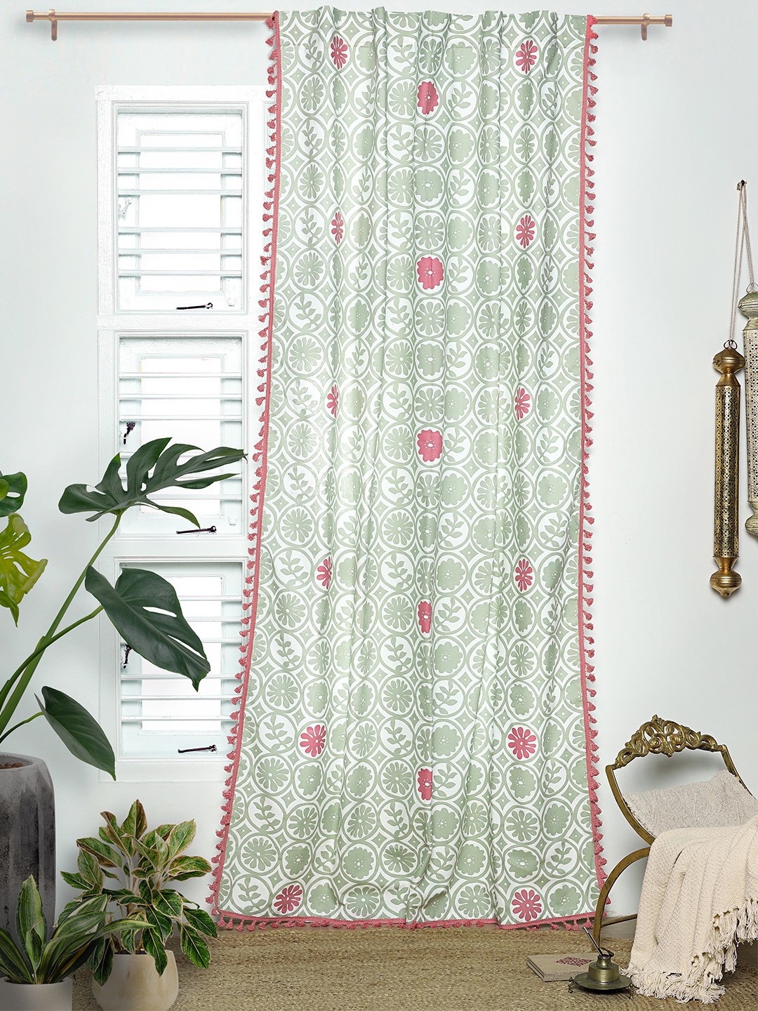 

Tranquebar Home Green & White Floral Printed Room Darkening Door Curtain
