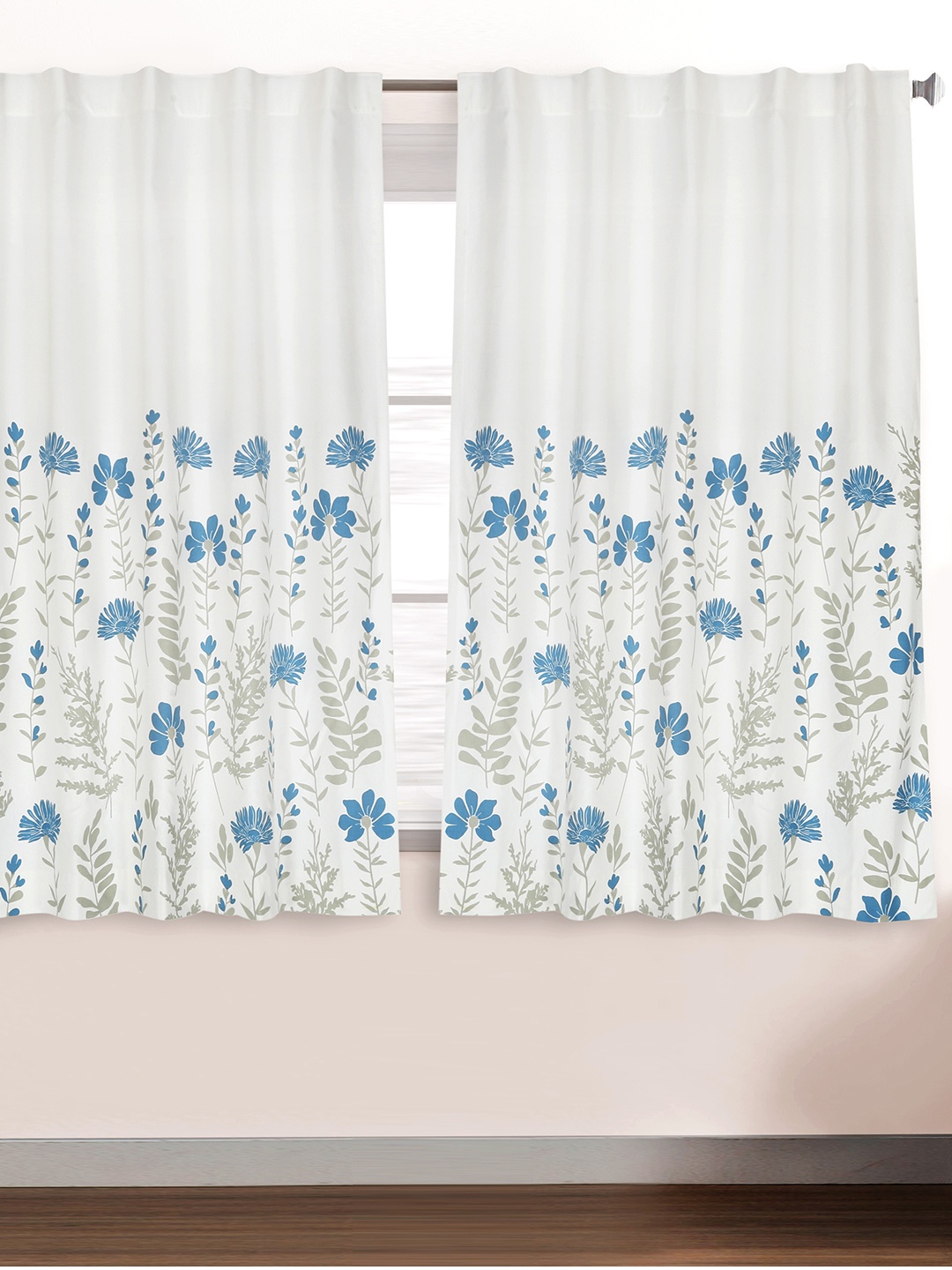 

Tranquebar Home Blue & White 2 Pieces Floral Printed Room Darkening Cotton Window Curtains