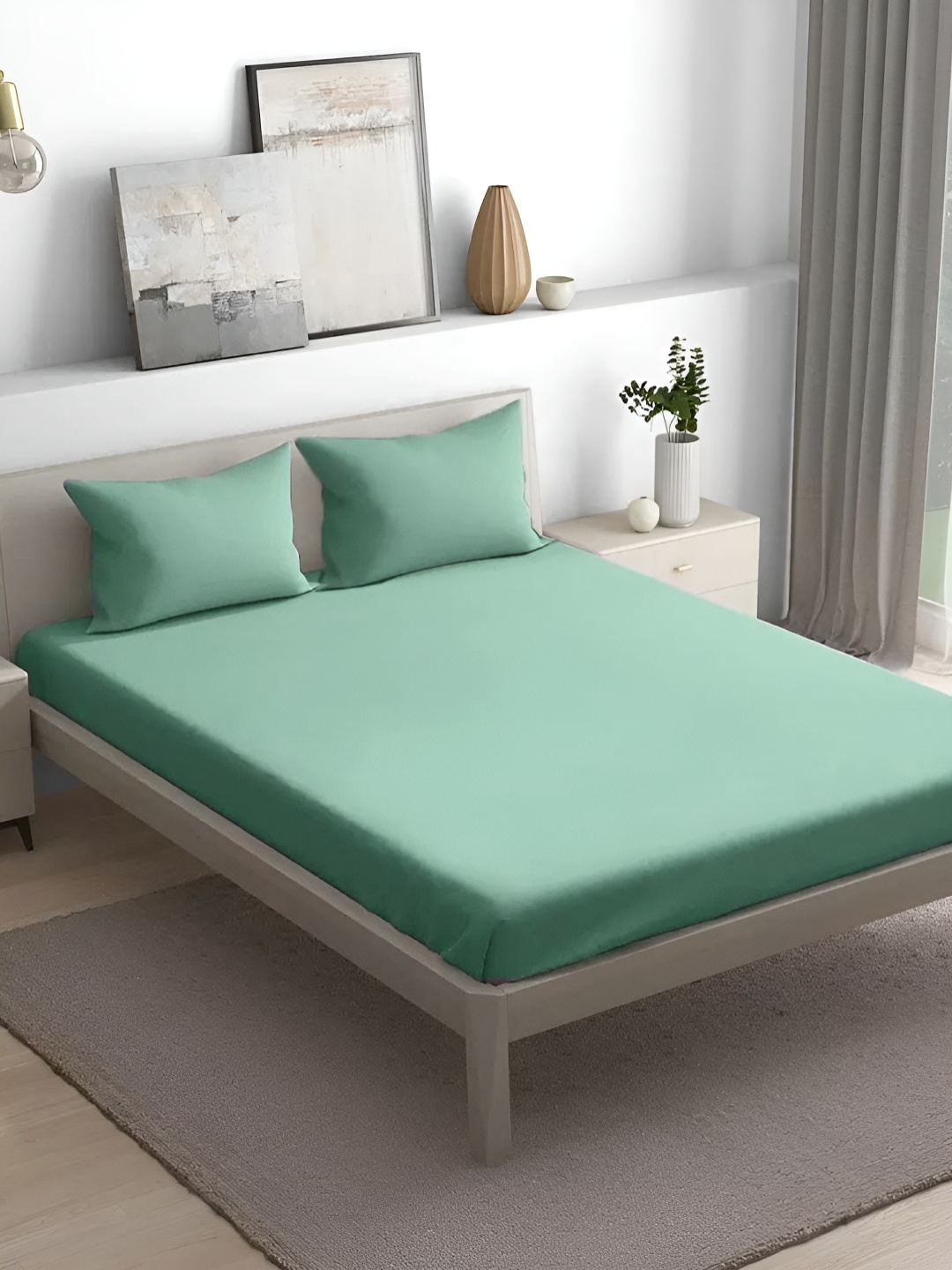 

House of Owlet Green Cotton 300 TC King Bedsheet with 2 Pillow Covers