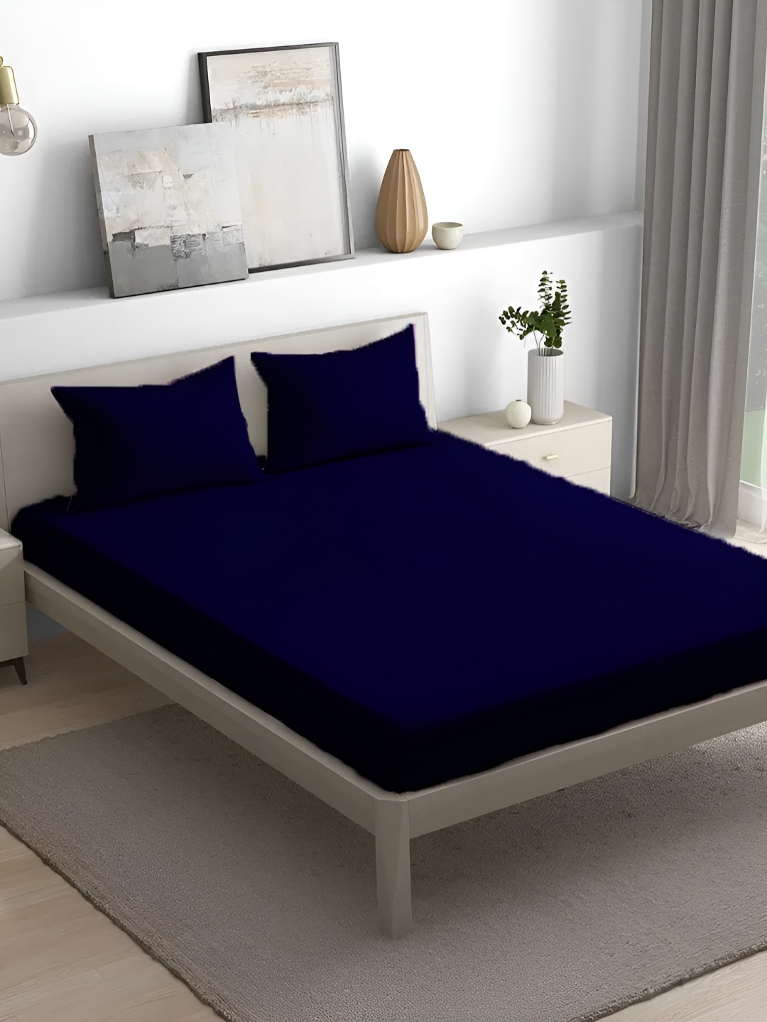 

House of Owlet Navy Blue Cotton 300 TC King Bedsheet with 2 Pillow Covers
