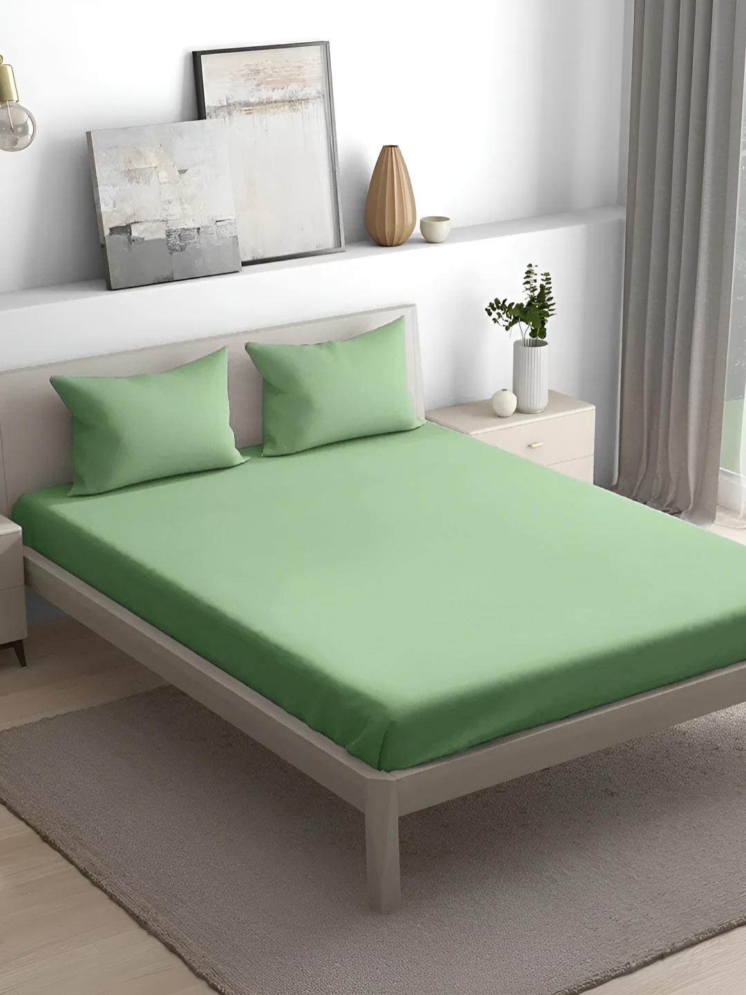 

House of Owlet Green Cotton 300 TC King Bedsheet with 2 Pillow Covers