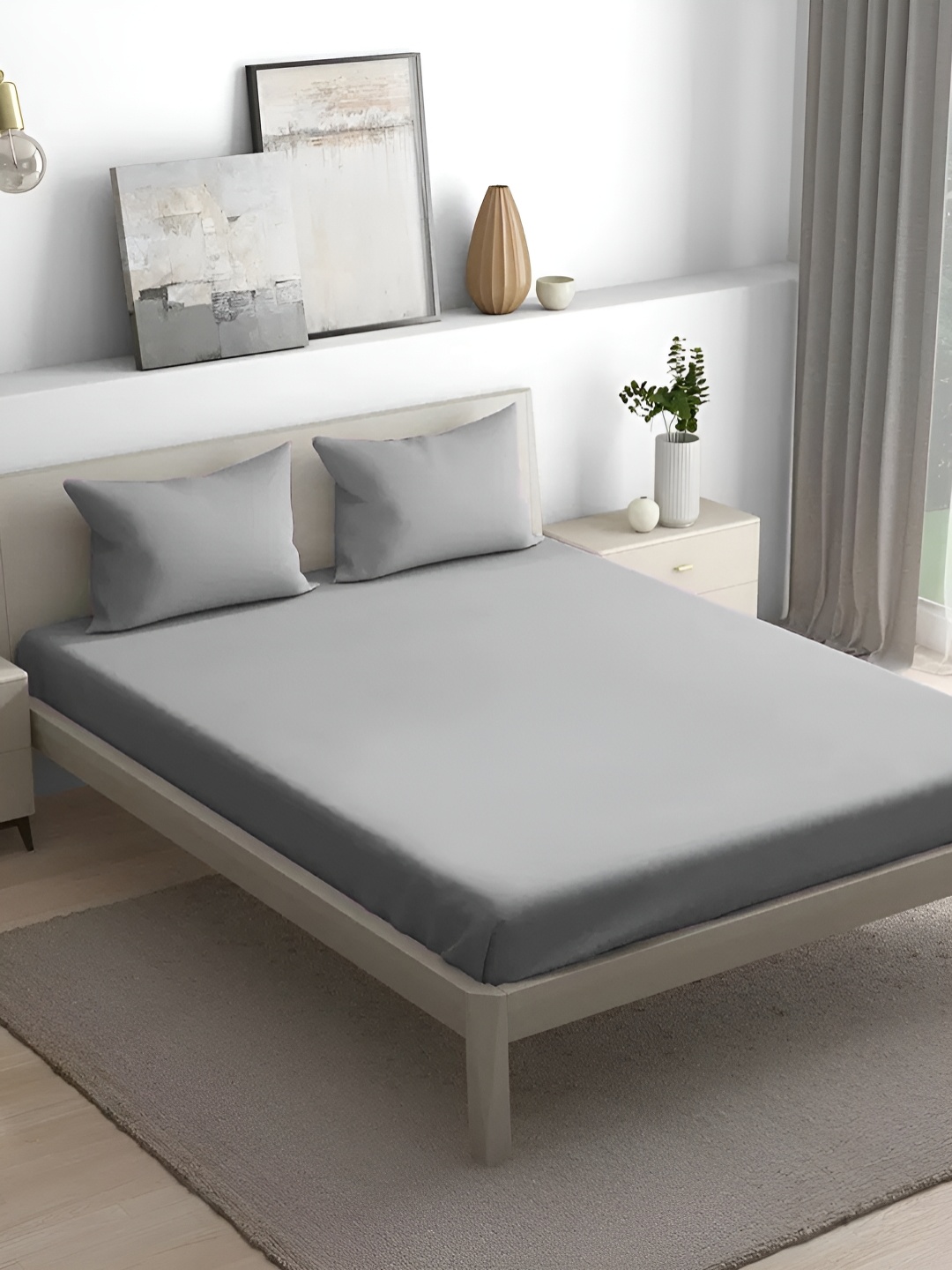 

House of Owlet Grey Melange Cotton 300 TC King Bedsheet with 2 Pillow Covers