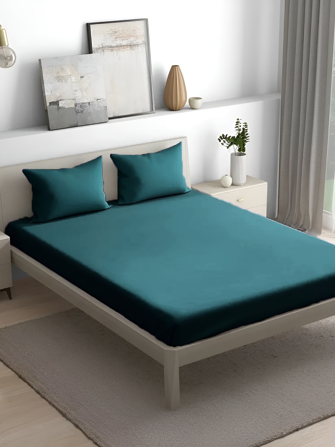 

House of Owlet Green Cotton 300 TC King Bedsheet with 2 Pillow Covers