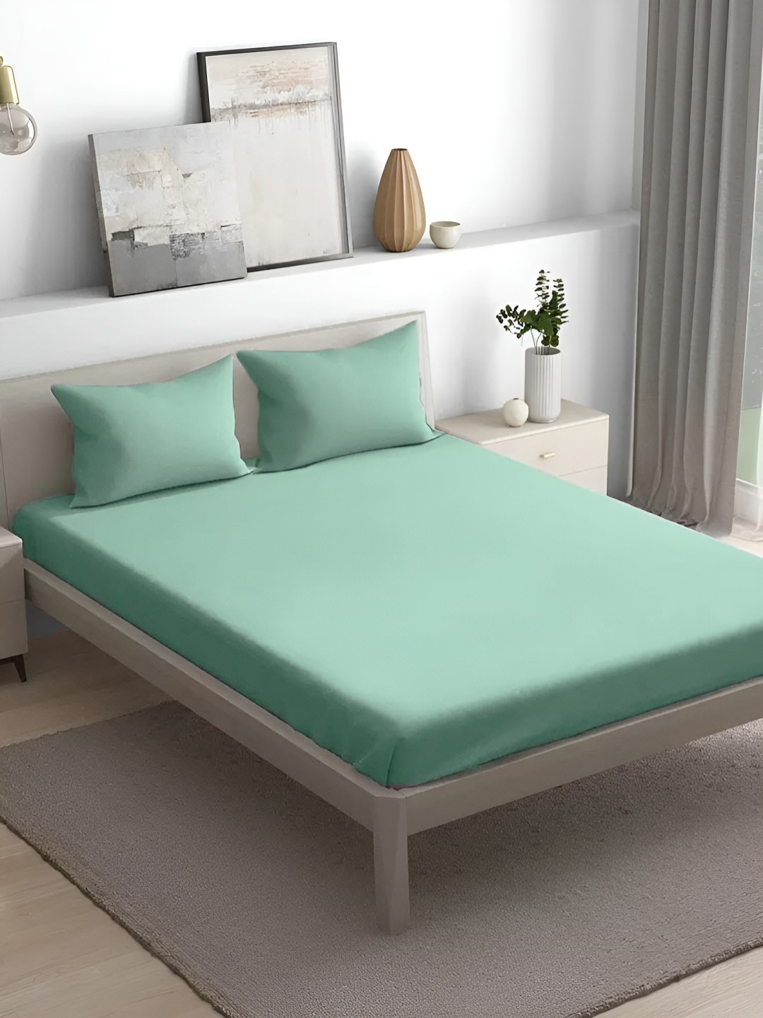 

House of Owlet Olive Green Cotton 300 TC King Bedsheet with 2 Pillow Covers