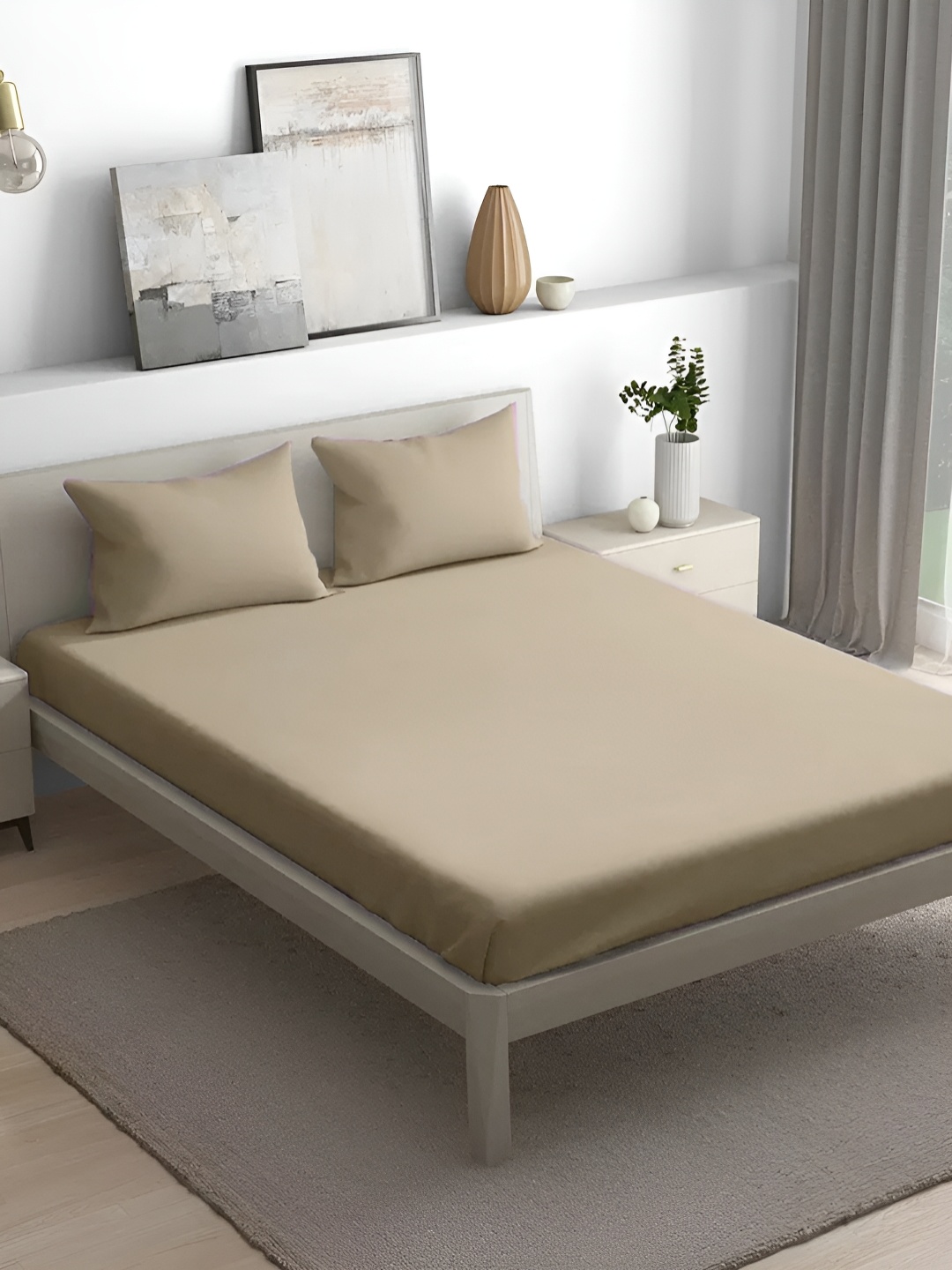 

House of Owlet Tan Cotton 300 TC King Bedsheet with 2 Pillow Covers