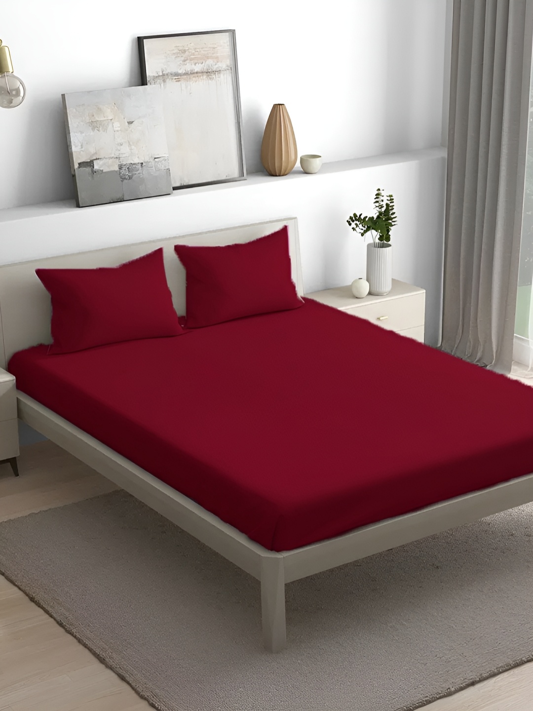 

House of Owlet Burgundy Cotton 300 TC King Bedsheet with 2 Pillow Covers