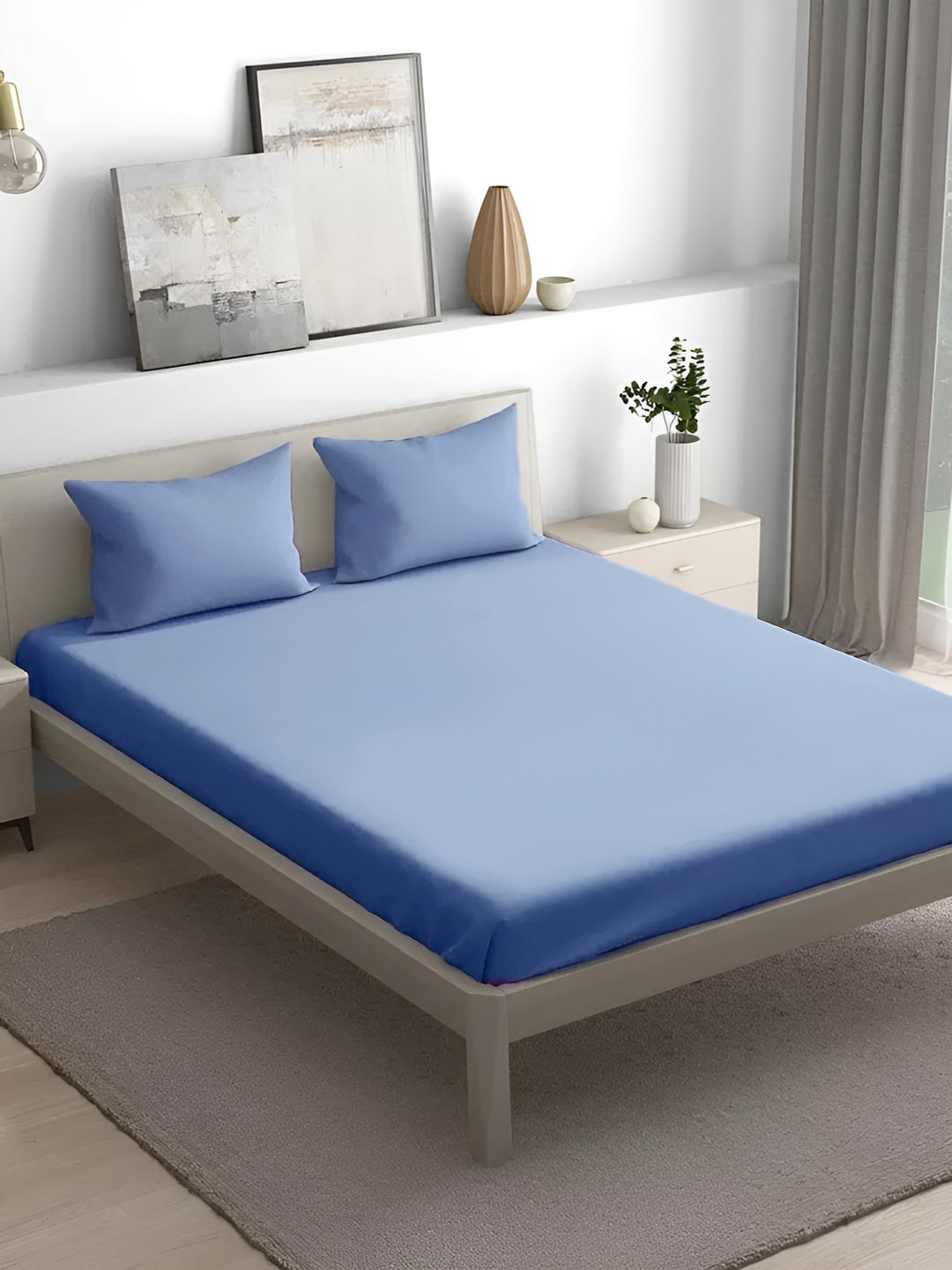 

House of Owlet Blue Cotton 300 TC King Bedsheet with 2 Pillow Covers