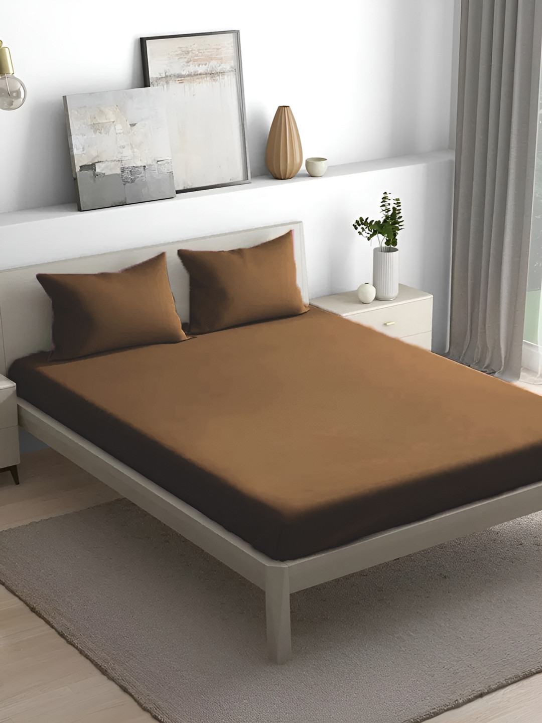 

House of Owlet Brown Cotton 300 TC King Bedsheet with 2 Pillow Covers