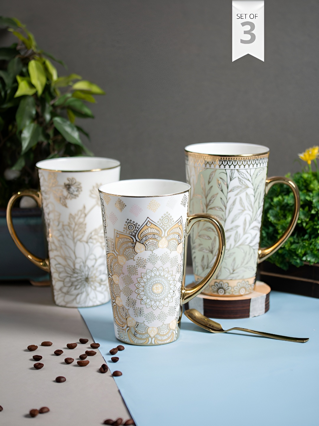 

JCPL Gold-Toned & White 3 Pieces Printed Ceramic Glossy Mugs 590 ml