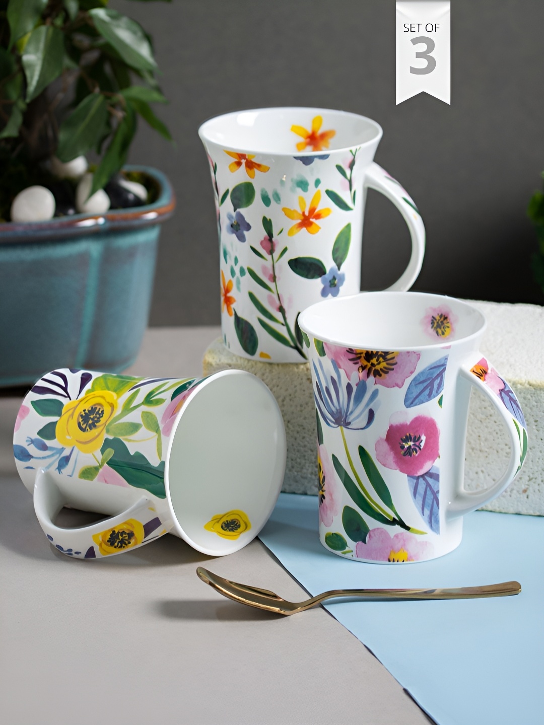 

JCPL White & Green Floral Printed Ceramic Glossy Mugs 250 ml