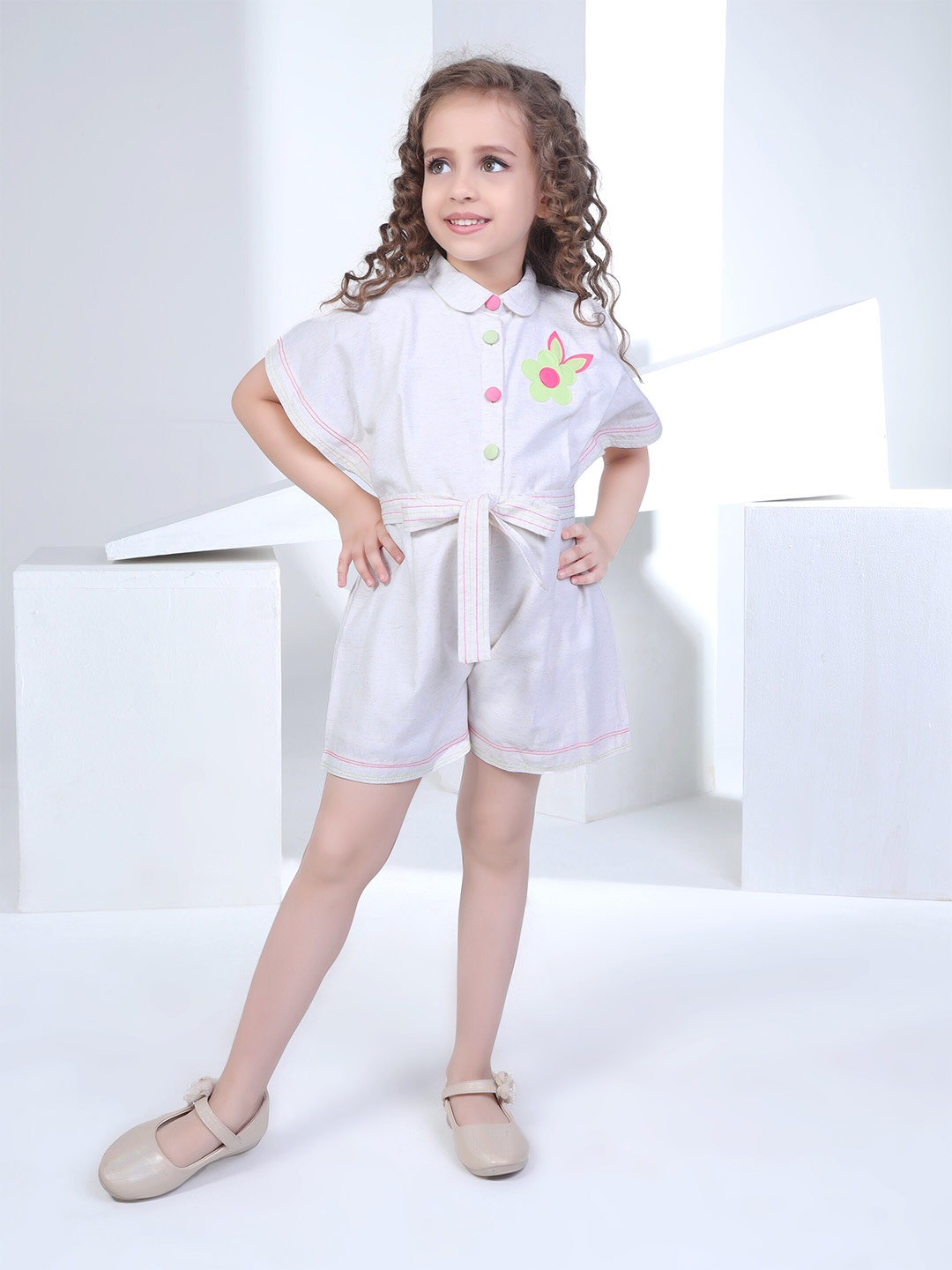 

Peppermint Girls Shirt Collar Self Design Linen Jumpsuit, Cream