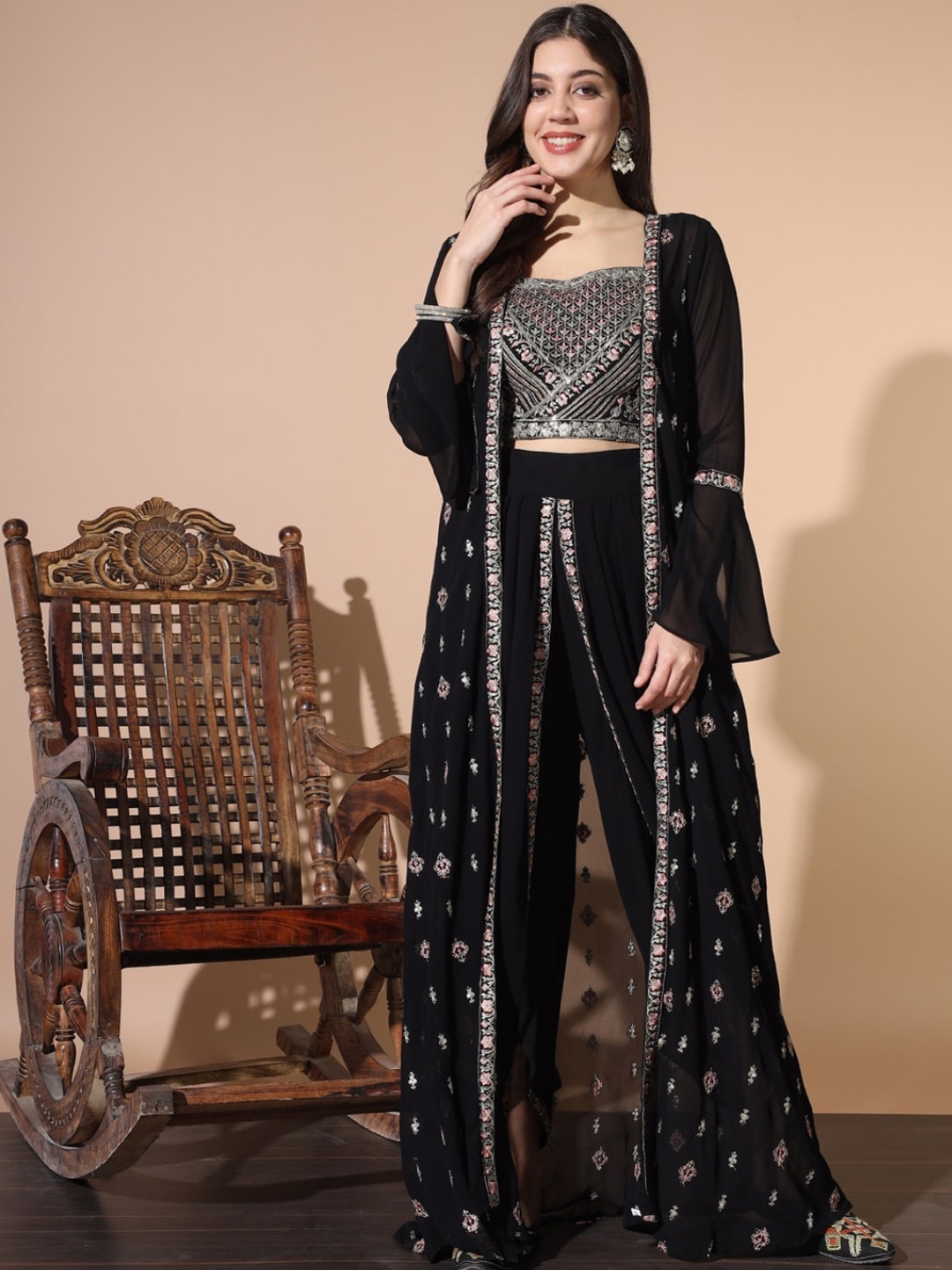 

Chhabra 555 Embroidered Sleeveless Top with Trousers And Shurg, Black