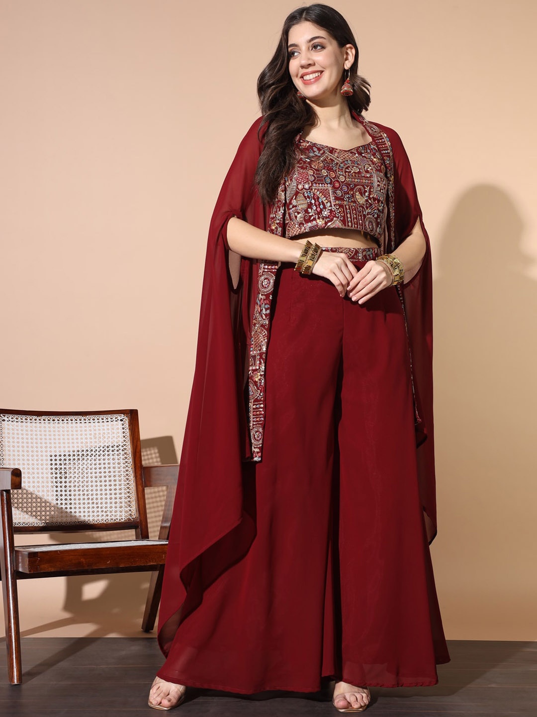 

Chhabra 555 Embroidered Crop Top With Flared Cape & Palazzo, Maroon
