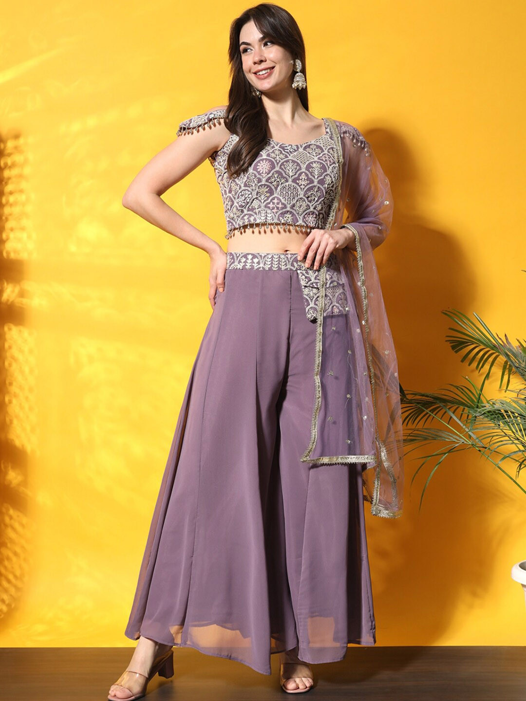

Chhabra 555 Embroidered Cold-Shoulder Crop Top & Trousers with Dupatta, Lavender