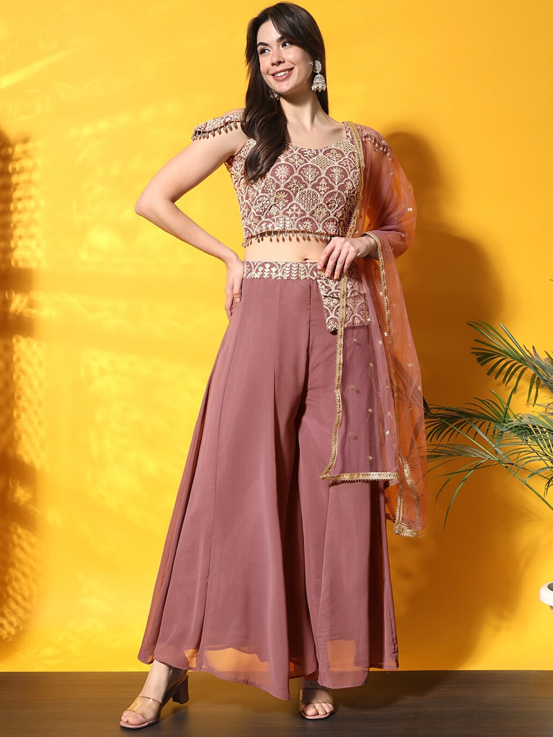 

Chhabra 555 Embroidered Crop Top & Palazzos With Dupatta, Pink