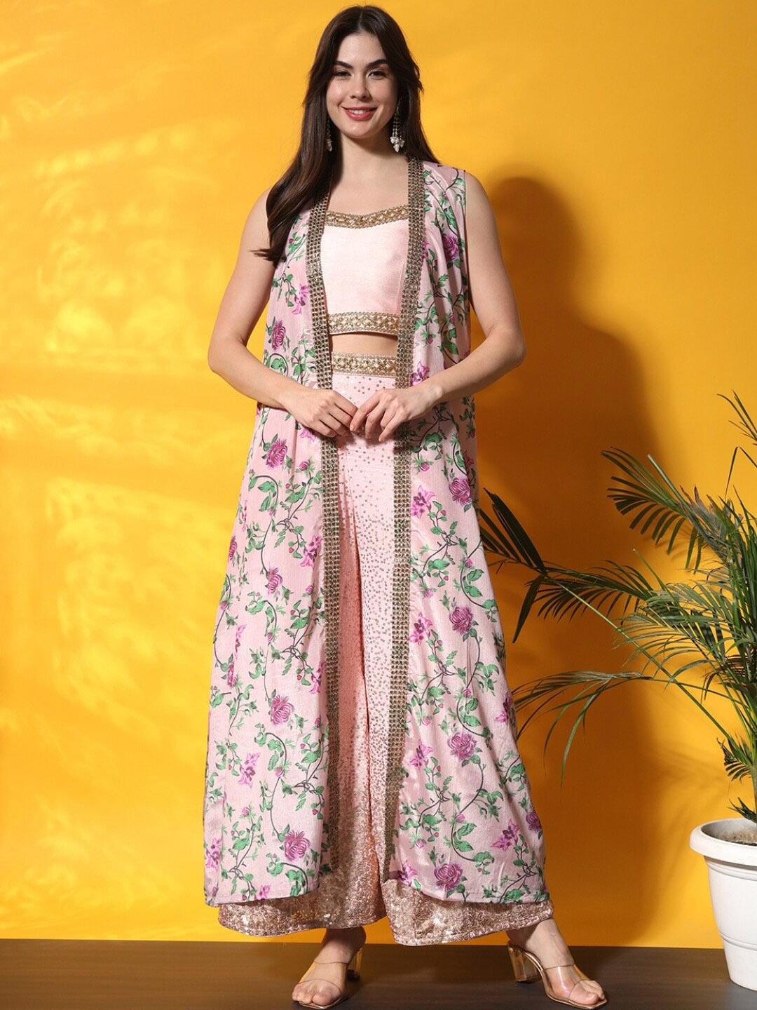 

Chhabra 555 Printed Top & Palazzo With Shrug, Pink
