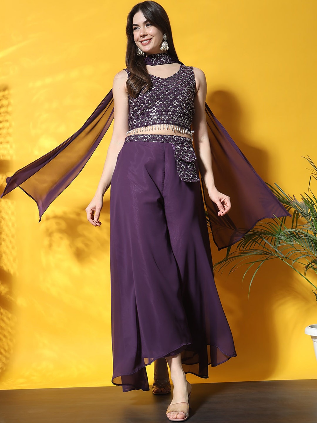 

Chhabra 555 Embroidered Crop Top & Trousers With Dupatta, Purple