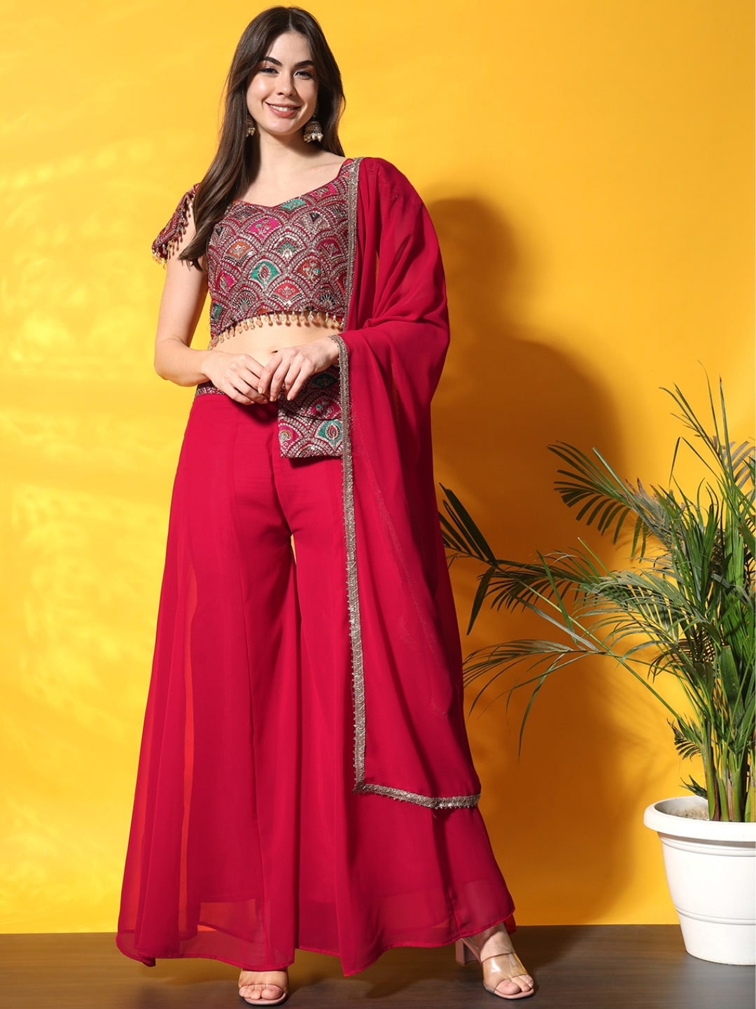 

Chhabra 555 Embroidered Sleeveless Top with Palazzos And Dupatta, Magenta