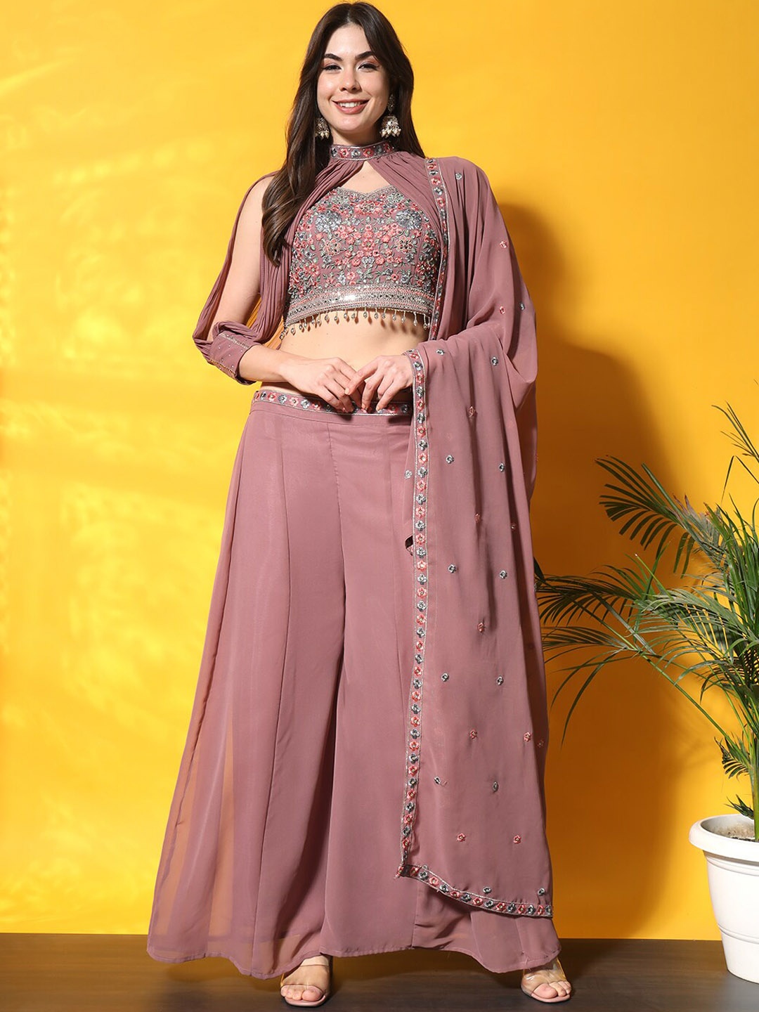 

Chhabra 555 Embroidered Crop Top With Flared Cape & Palazzo, Pink