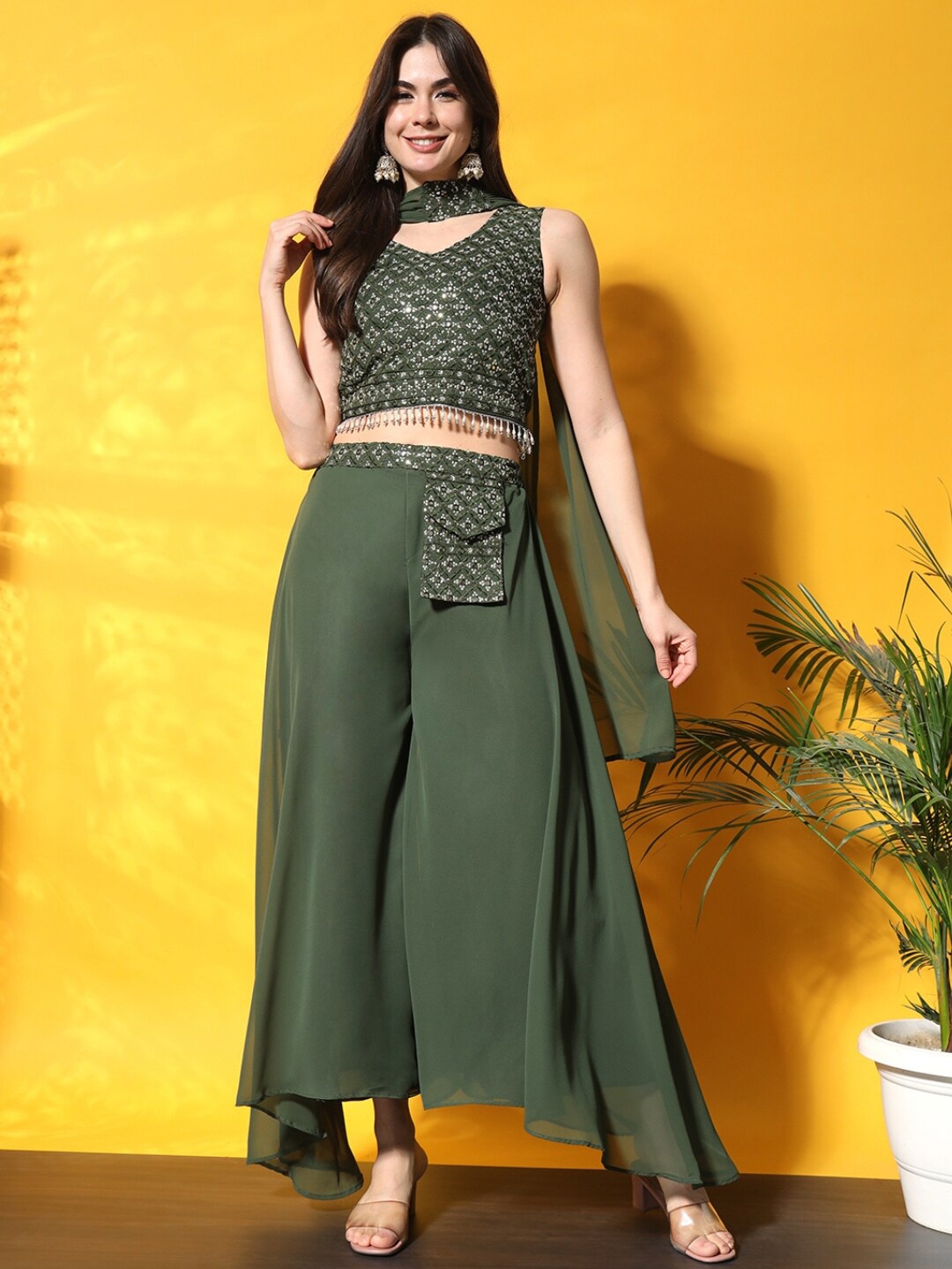 

Chhabra 555 Embroidered Crop Top & Palazzos With Dupatta, Green
