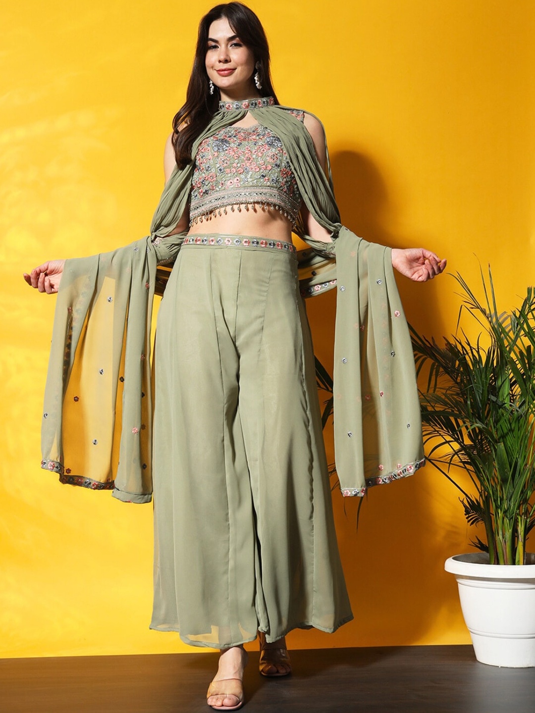 

Chhabra 555 Embroidered Crop Top With Flared Cape & Palazzo, Sea green