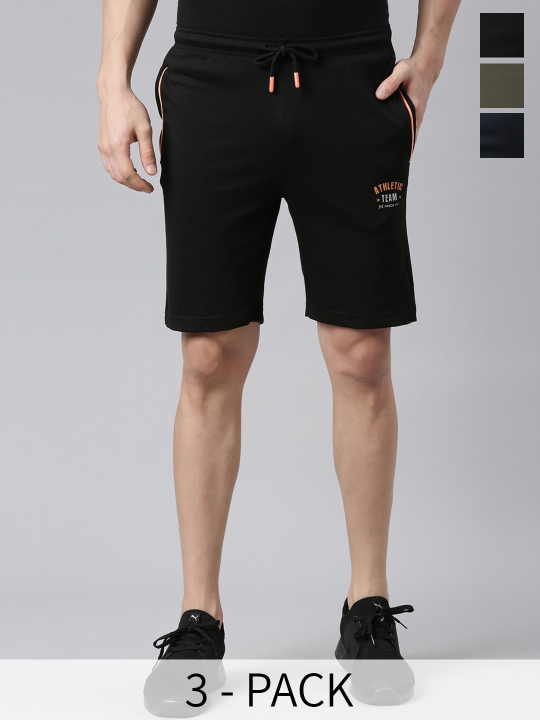 Force NXT Men Pack of 3 Cotton Sports Shorts, Black