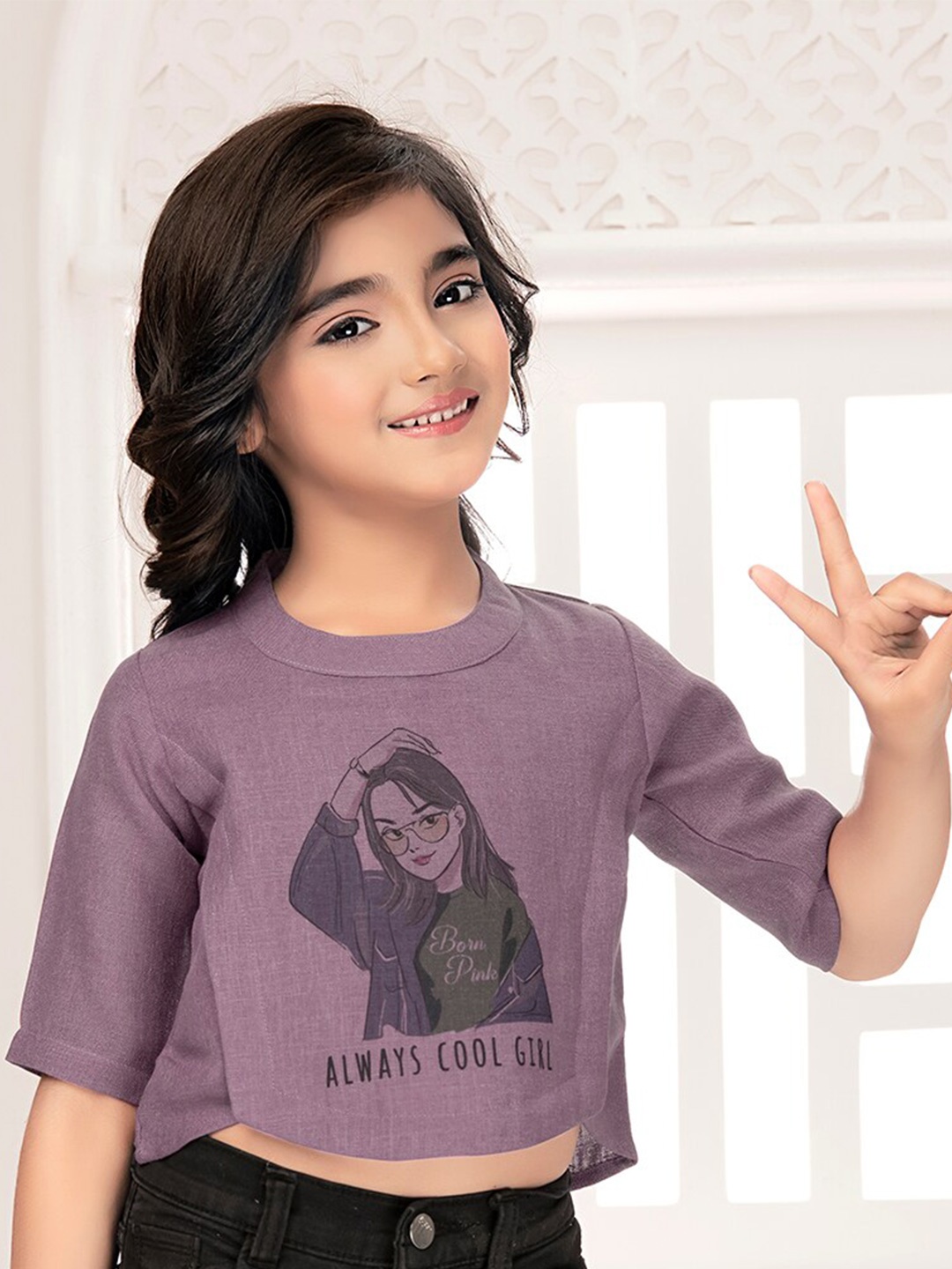 

Tiny Kingdom Girls Graphic Printed Crop Top, Lavender