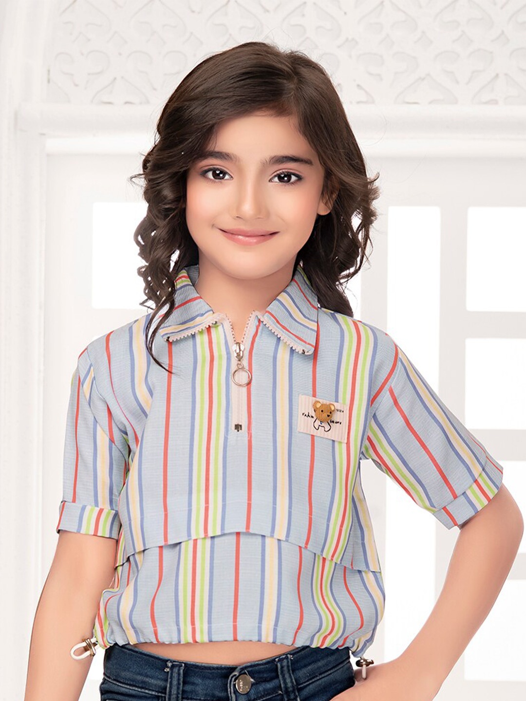 

Tiny Kingdom Girls Striped Applique Shirt Style Top, Blue