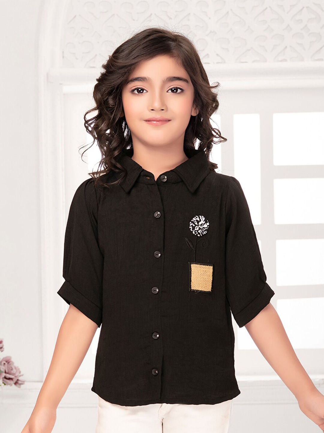 

Tiny Kingdom Girls Roll-Up Sleeves Cotton Shirt Style Top, Black