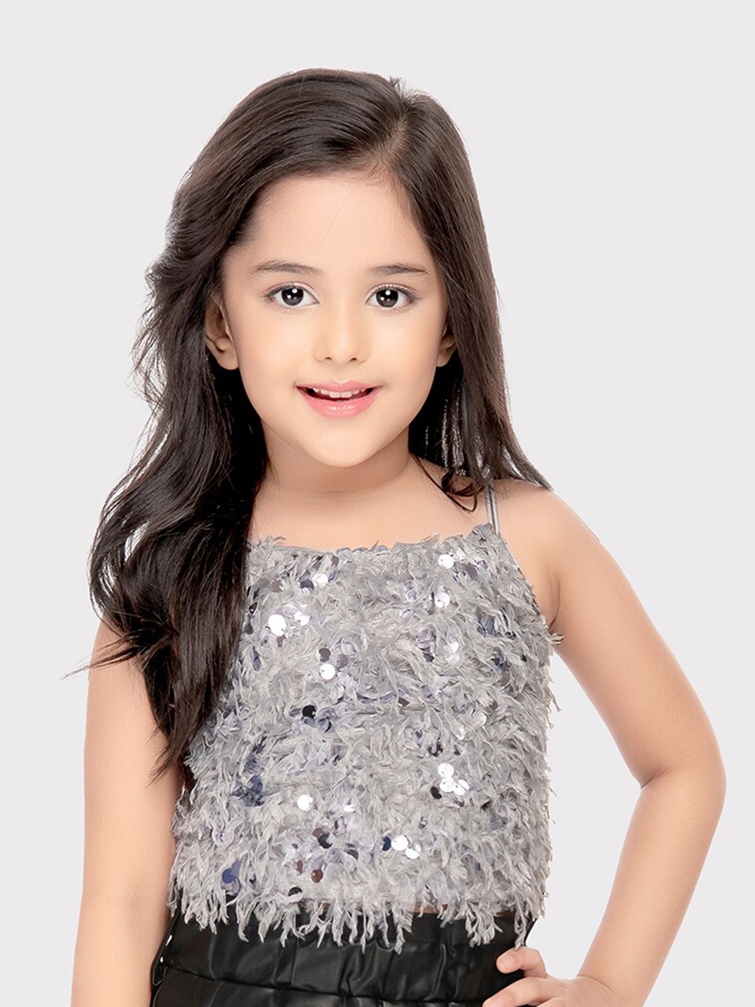 

Tiny Kingdom Girls Shoulder Straps Embellished Sequined Top, Grey