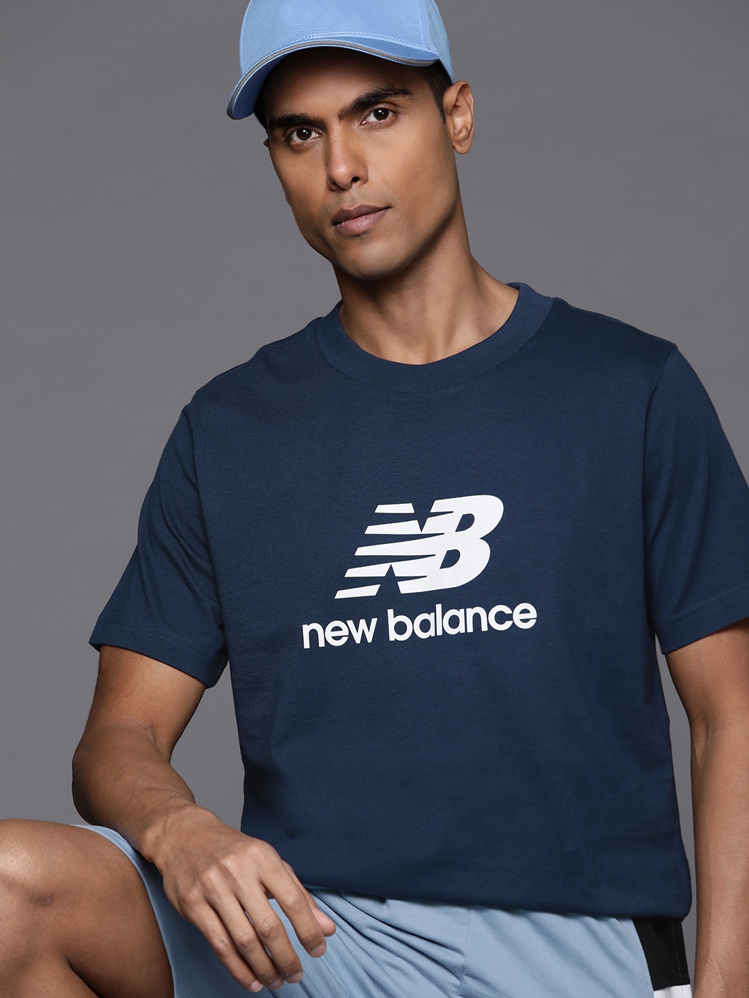 

New Balance Printed Drop-Shoulder Sleeves Pure Cotton T-shirt, Navy blue