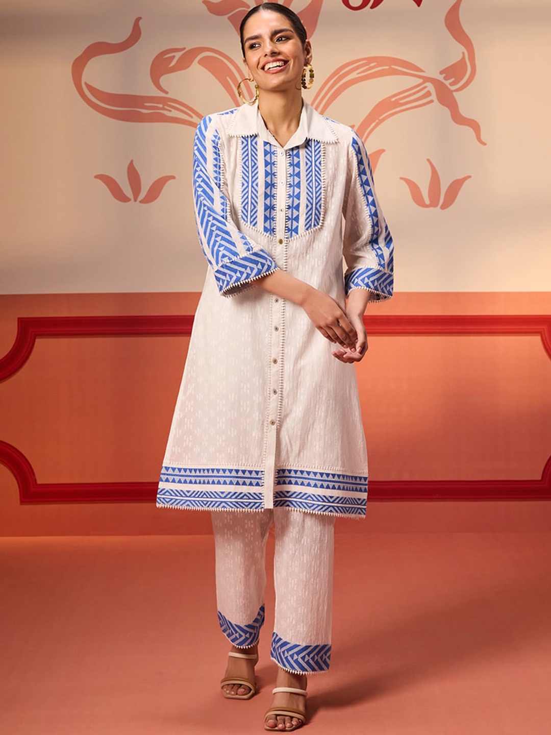 

Lakshita Ethnic Motifs Printed Panelled Thread Work Kurta with Trousers, Off white